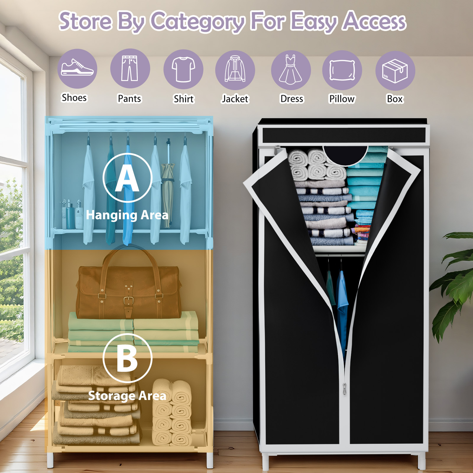 Wardrobe Closet Portable Fabric Cover - Armoire Portable en Tissu avec Porte-Vêtements