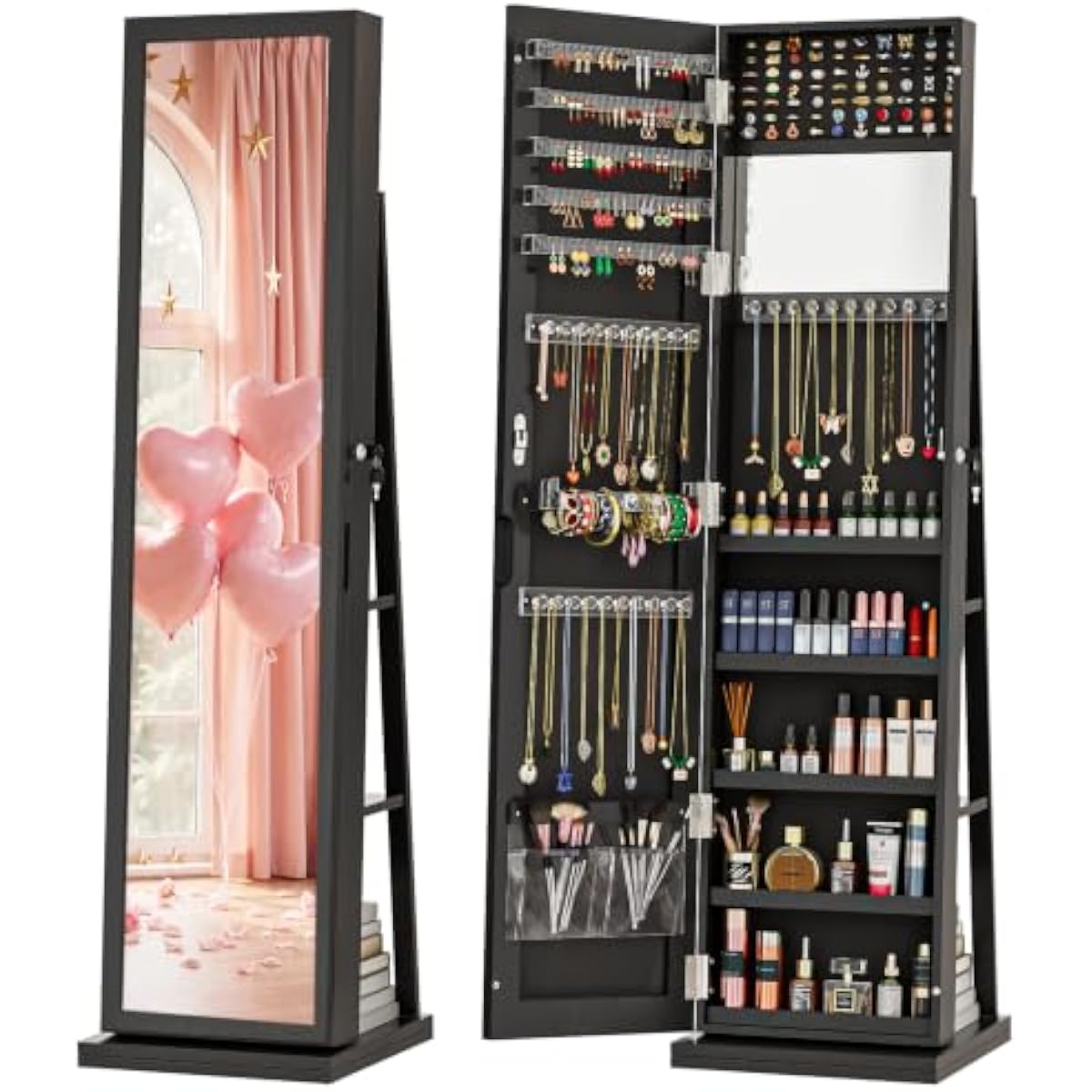 Full Length Mirror Jewelry Armoire - Élégante armoire à bijoux noire sur