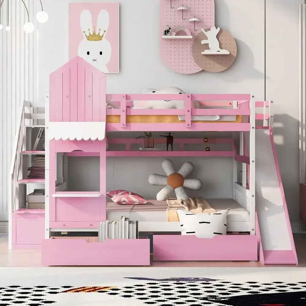 Bunk Bed With Stairs And Slide - Lit superposé pour enfants avec escaliers,