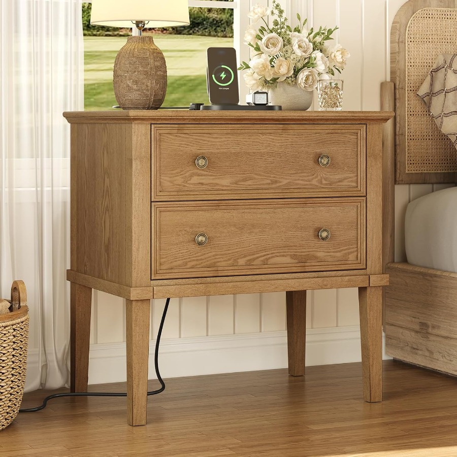 Solid Wood Nightstand 2 Drawers - Table de chevet en bois massif