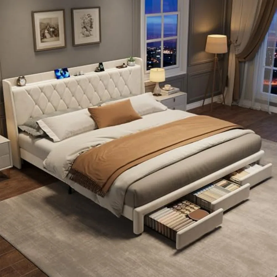 King Size Bed Frame With Storage Drawers - Cadre de lit plateforme rembourré en
