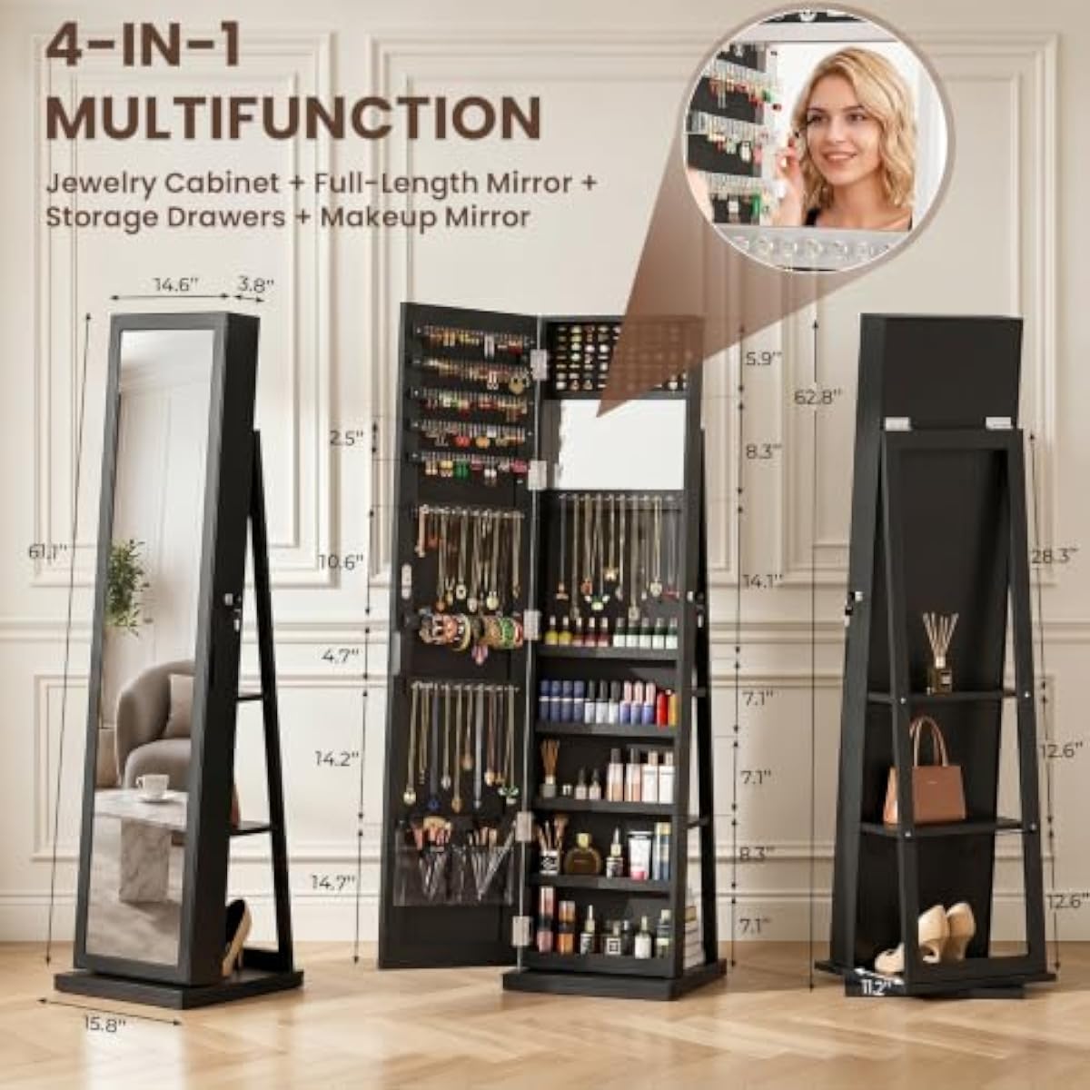 Élégante armoire à bijoux noir - Full Length Mirror Jewelry Armoire avis et prix