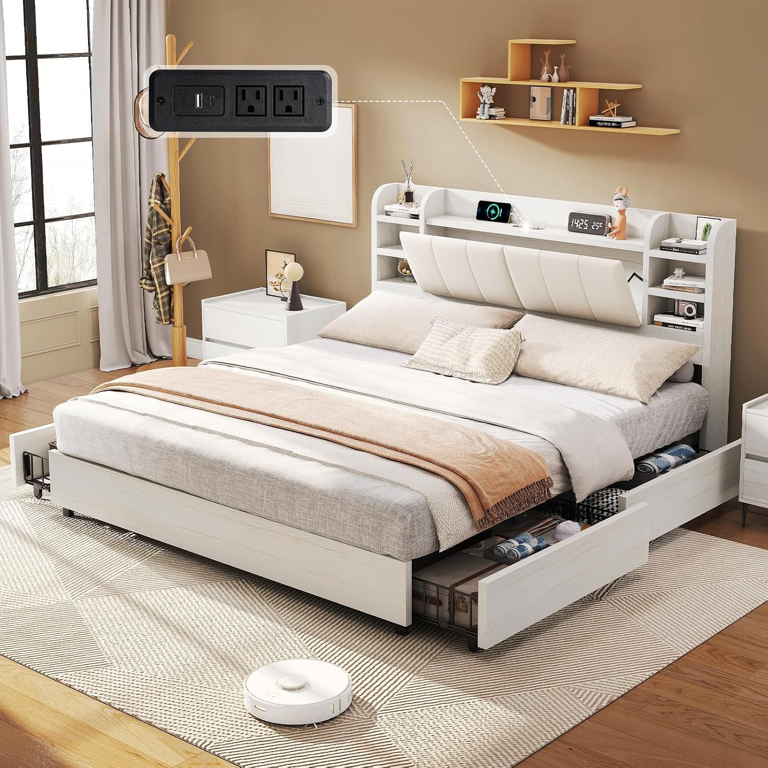 Lit plateforme rembourré King  - King Size Bed Frame With Storage Drawers avis et prix
